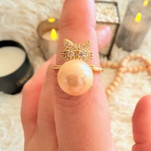Cat 18k Gold Plated Italian Silver Ring 12mm Rare Pink Akoya Pearl and Crystals